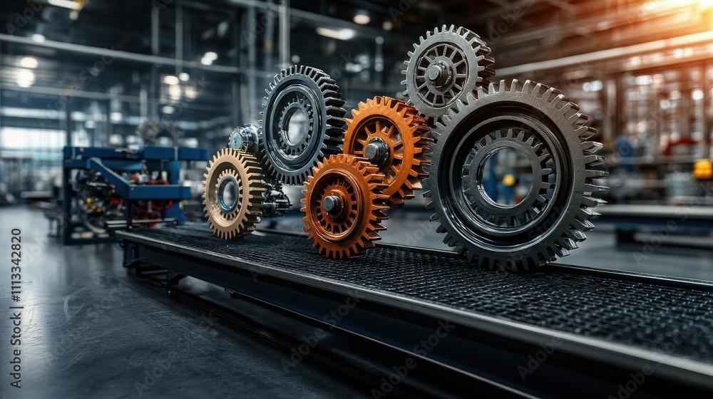 Poster Animated industrial value chain concept with gears on a conveyor belt in a factory setting showing interconnected processes