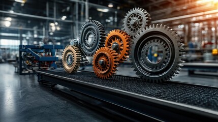 Fototapeta premium Animated industrial value chain concept with gears on a conveyor belt in a factory setting showing interconnected processes