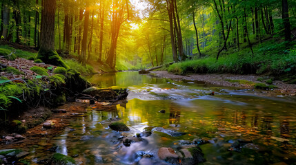 Fototapeta premium Beautiful Wild Forest by the Creek: A serene ecosystem with a wild forest by a creek, depicting a natural landscape.