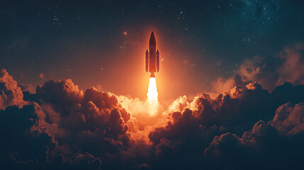 glowing light bulb shaped like a rocket launches upward symbolizing innovation creativity business growth success and forward thinking set against a vibrant gradient background