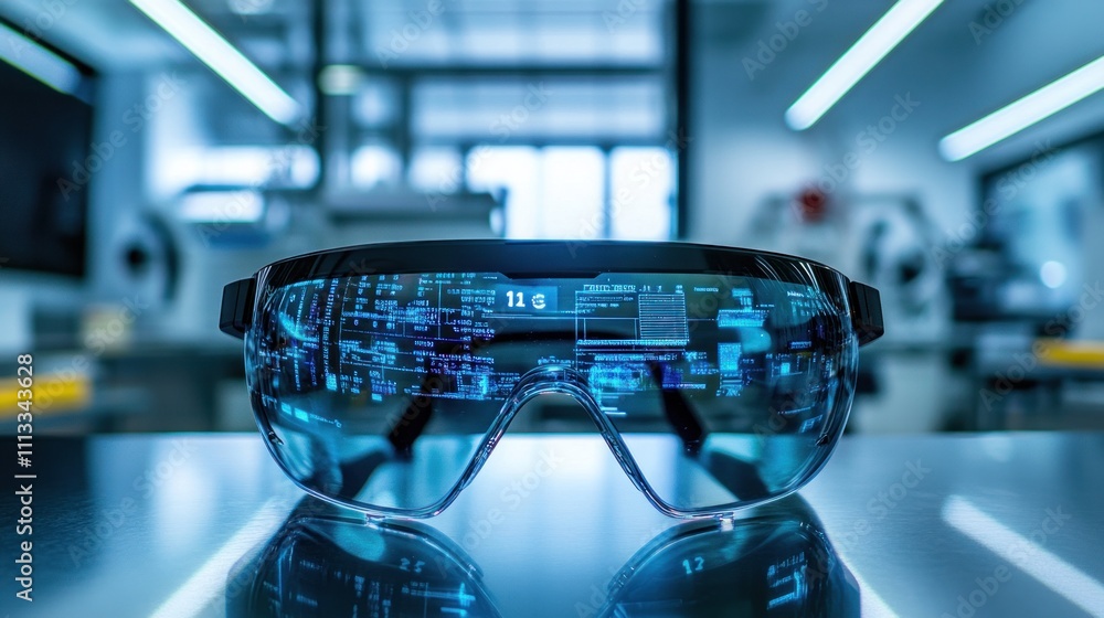 Poster futuristic augmented reality glasses displayed in a high-tech environment.