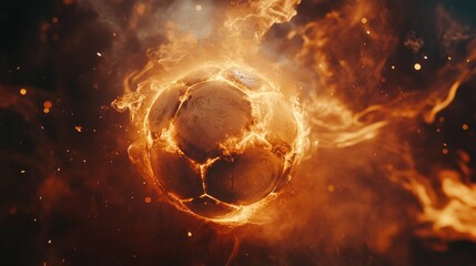 Obraz premium Flames and smoke twist and burn around a soccer ball, its glowing path leaving a fiery streak in the dim surroundings.