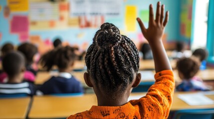 Student Raising Hand in Diverse Classroom Setting for Interactive Learning