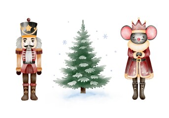 Colorful figurine of Nutcracker, mouse, tree. Christmas nutcracker, mouse watercolor.