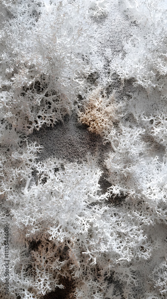 Poster a close-up view of intricate white lichen or coral-like structures on a textured surface.