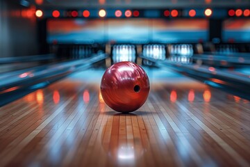 Purple Bowling Ball Rolling Down Alley Towards Pins with Blurred Background in Modern Interior Lighting
