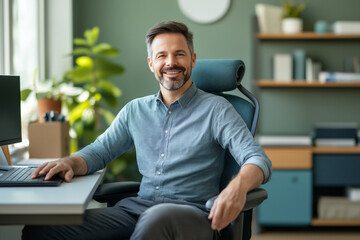 Obraz premium Smiling man in casual shirt working in a modern office environment. Generative AI