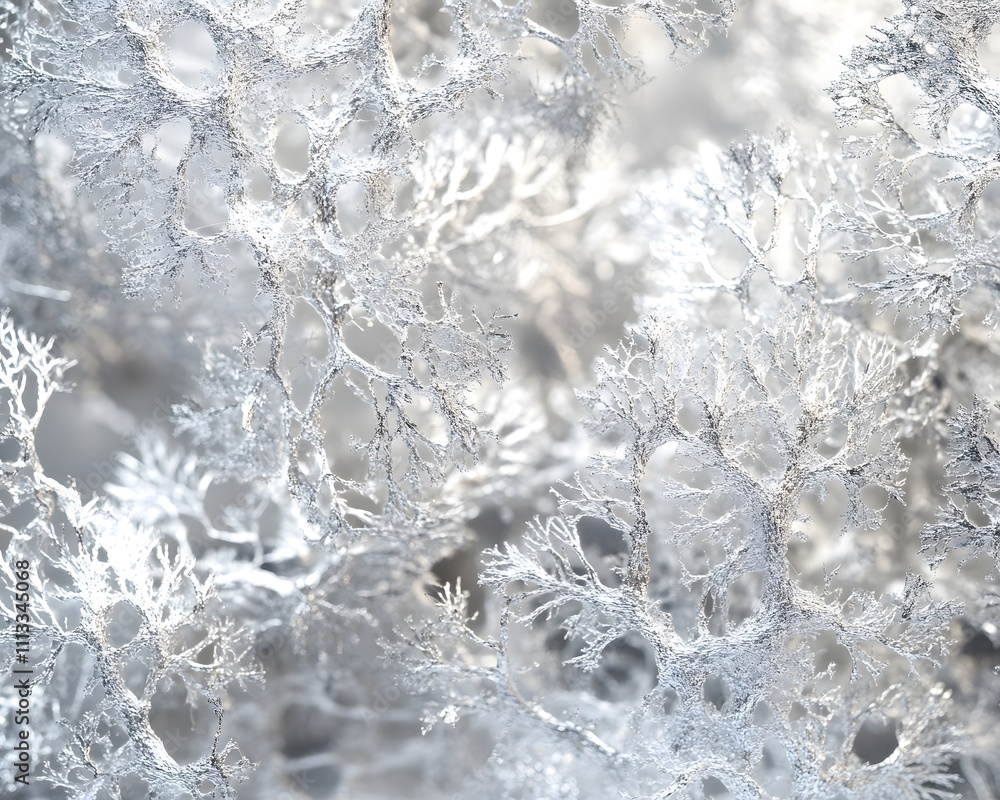 Poster a close-up of intricate frost patterns resembling delicate branches and crystals.