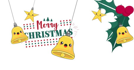 Image of merry christmas text and christmas decorations on white background