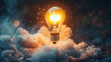 glowing light bulb shaped like a rocket launches upward symbolizing innovation creativity business growth success and forward thinking set against a vibrant gradient background