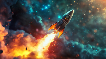glowing light bulb shaped like a rocket launches upward symbolizing innovation creativity business growth success and forward thinking set against a vibrant gradient background