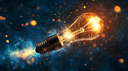 glowing light bulb shaped like a rocket launches upward symbolizing innovation creativity business growth success and forward thinking set against a vibrant gradient background
