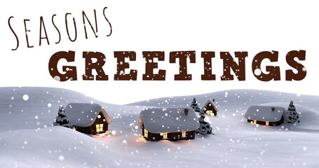 Image of seasons greetings text and snow falling over winter scenery © vectorfusionart
