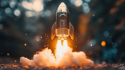 glowing light bulb shaped like a rocket launches upward symbolizing innovation creativity business growth success and forward thinking set against a vibrant gradient background