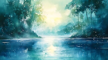 A serene watercolor scene featuring smooth gradients of blue and green with delicate white splatters resembling morning dew