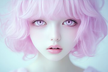 Fototapeta premium Ethereal Pink-Haired Woman with Striking Eyes in Soft Pastel Aesthetic