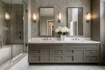 Modern bathroom with double vanity, walk-in shower, white countertops, gray cabinets, herringbone wallpaper, freestanding bathtub, chevron floor tile, elegant decor