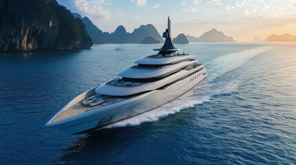 Luxurious yacht sailing in serene ocean landscape with mountains. stunning design and vibrant...