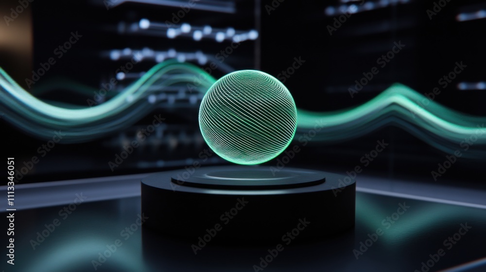 Poster futuristic 3d sphere with dynamic light waves in modern environment