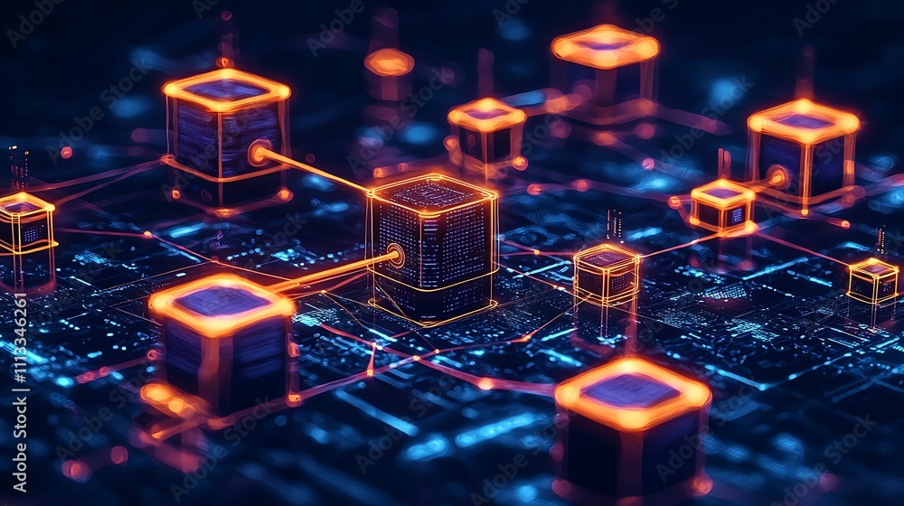 Aufkleber abstract digital network data cubes glowing on circuit board.