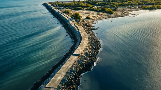 Aerial view of a coastline where massive flood defenses are being constructed, featuring concrete walls and levees stretching along the shore, designed to protect against rising sea levels.