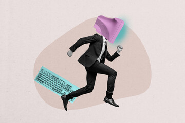 Composite psychedelic collage of anonym man run instead head computer monitor artificial intelligence app keypad on drawing background
