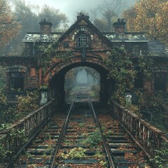 A misty, overgrown railway bridge with an abandoned structure surrounded by autumn foliage.
