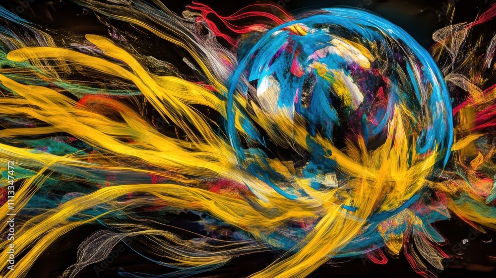 Poster vibrant abstract swirls of color with a central sphere in motion