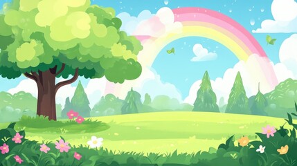 Naklejka premium Vibrant Cartoon Landscape with Rainbow, Greenery, and Blooming Flowers