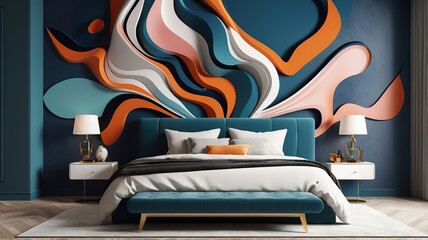 Artistic bedroom with an abstract headboard, bold patterns, and unique statement furniture, rendered in 3D.