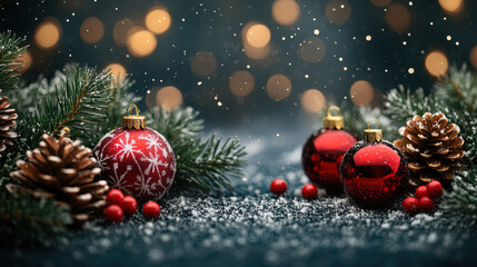 Festive Christmas decorations with red ornaments, pine cones, and snow. scene is enhanced by soft bokeh lights, creating warm holiday atmosphere