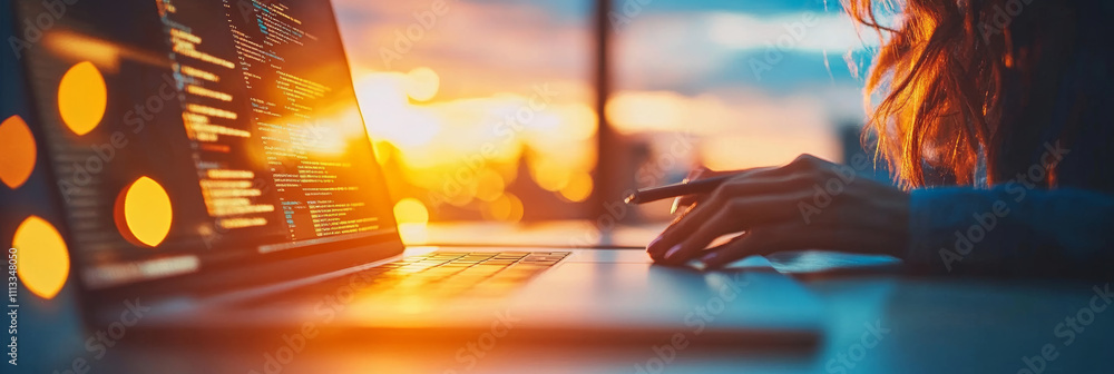 Wall mural female programmer coding at sunset. warm light illuminates her workspace as she focuses on her lapto
