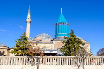 Mevlana Museum during winter located in Konya. Sentences from the Quran are written on the minaret