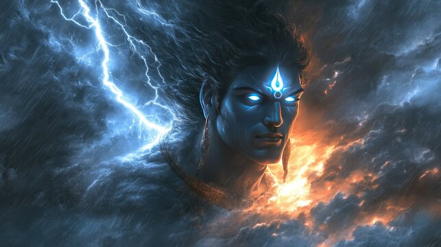 The face of Lord Shiva forms in turbulent storm clouds, his third eye radiating light and power as lightning streaks across the heavens.