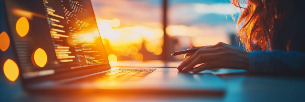 Female programmer coding at sunset. Warm light illuminates her workspace as she focuses on her laptop screen filled with lines of code.