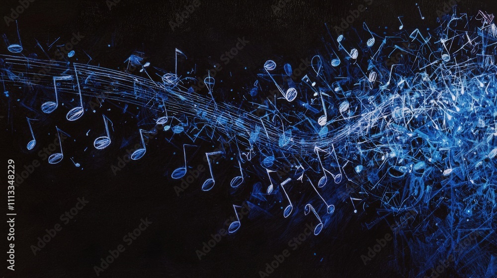 Poster musical transformation notes flowing through space abstract art digital environment dynamic viewpoin