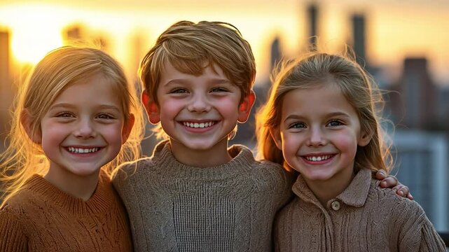 A portrait of a contented brother and sister at sunset with contemporary high-rise structures in the backdrop.