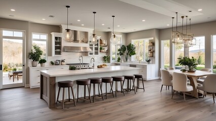  The interior of the kitchen and living area in a brand-new, luxurious house with an open floor plan. has hardwood floors, a big island with a farmhouse sink, and second-story stairs.