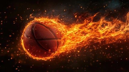 Fototapeta premium The power of the game captured in a basketball ablaze with fire, streaking through the air and leaving room for text.