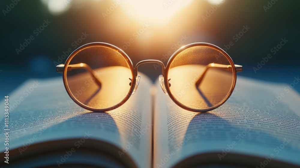 Poster glasses resting on an open book with a sunset background, symbolizing knowledge and reflection.