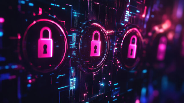 Cybersecurity abstract background featuring digital locks and vibrant colors. This conveys sense of security and protection in digital realm, emphasizing importance of safeguarding information