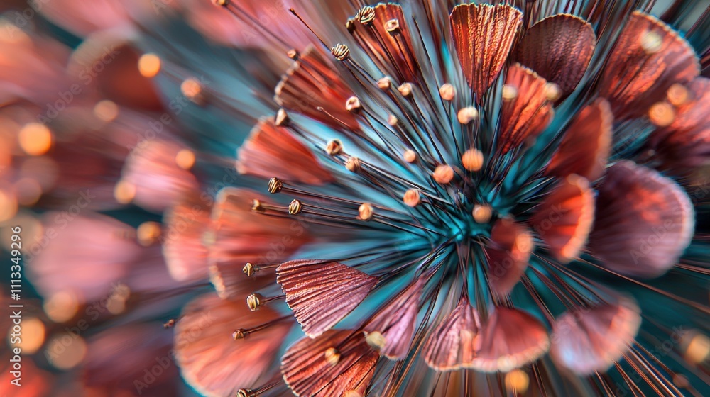 Poster artistic viewpoint surreal close-up of vibrant decorative pins arranged as petals in abstract nature