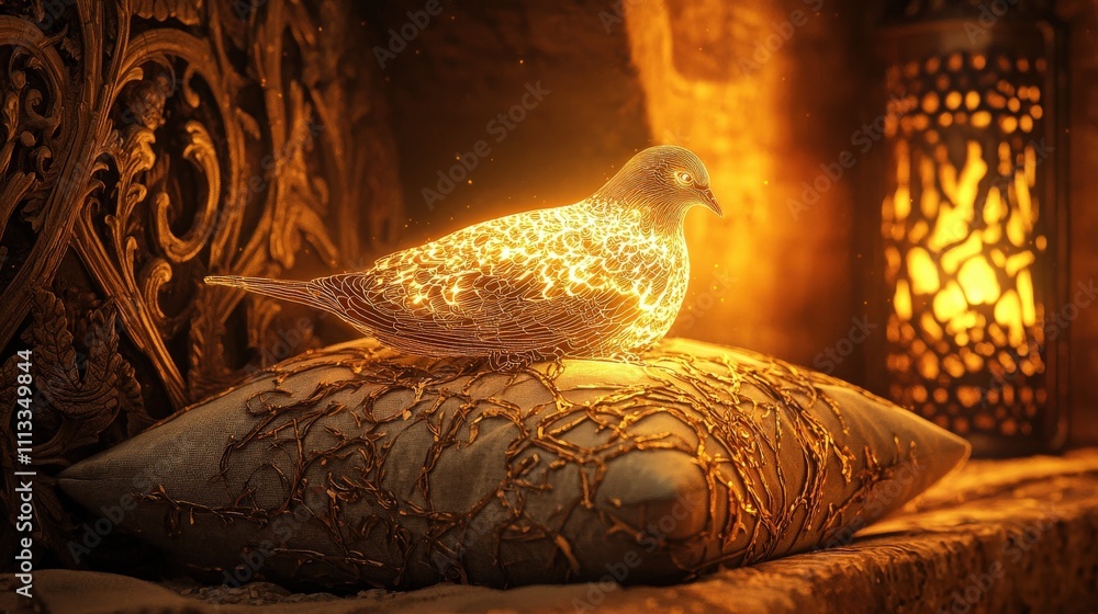 Aufkleber Surreal scene of a glowing bird on a decorative pillow enchanted setting digital art dreamlike atmosphere close-up view