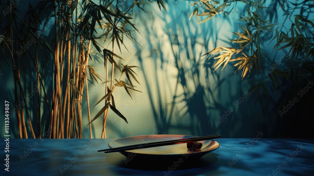 Poster surreal setup of chopsticks on plate surrounded by bamboo artistic still life calm atmosphere unique