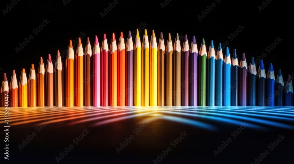 Poster Artistic display of colored pencils in vibrant gradient top-view studio environment showcasing color spectrum