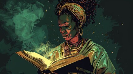 Fototapeta premium Illustration of a voodoo practitioner reading from an ancient, tattered book of spells