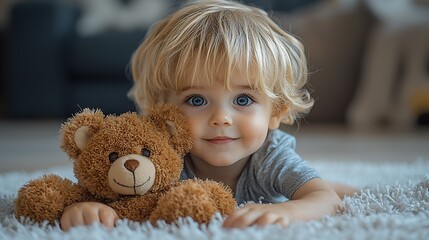 Cute little boy under 3, playing with a soft teddy bear on a cozy indoor rug, his face full of joy and curiosity 