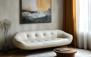 Modern living room with off-white leather sofa, abstract painting, and wooden coffee table.
