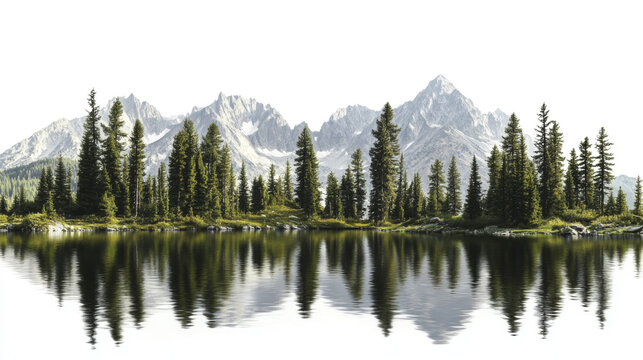 Lake landscape surrounded by pine forest transparent background