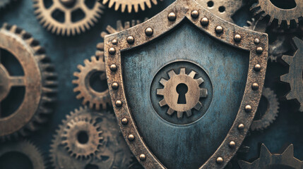 shield with lock symbol surrounded by intricate gears represents security and protection. This conveys sense of strength and reliability in mechanical design